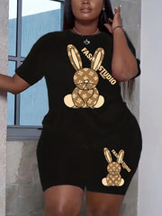 Letter & Rabbit Print Top & Shorts Outfit Set