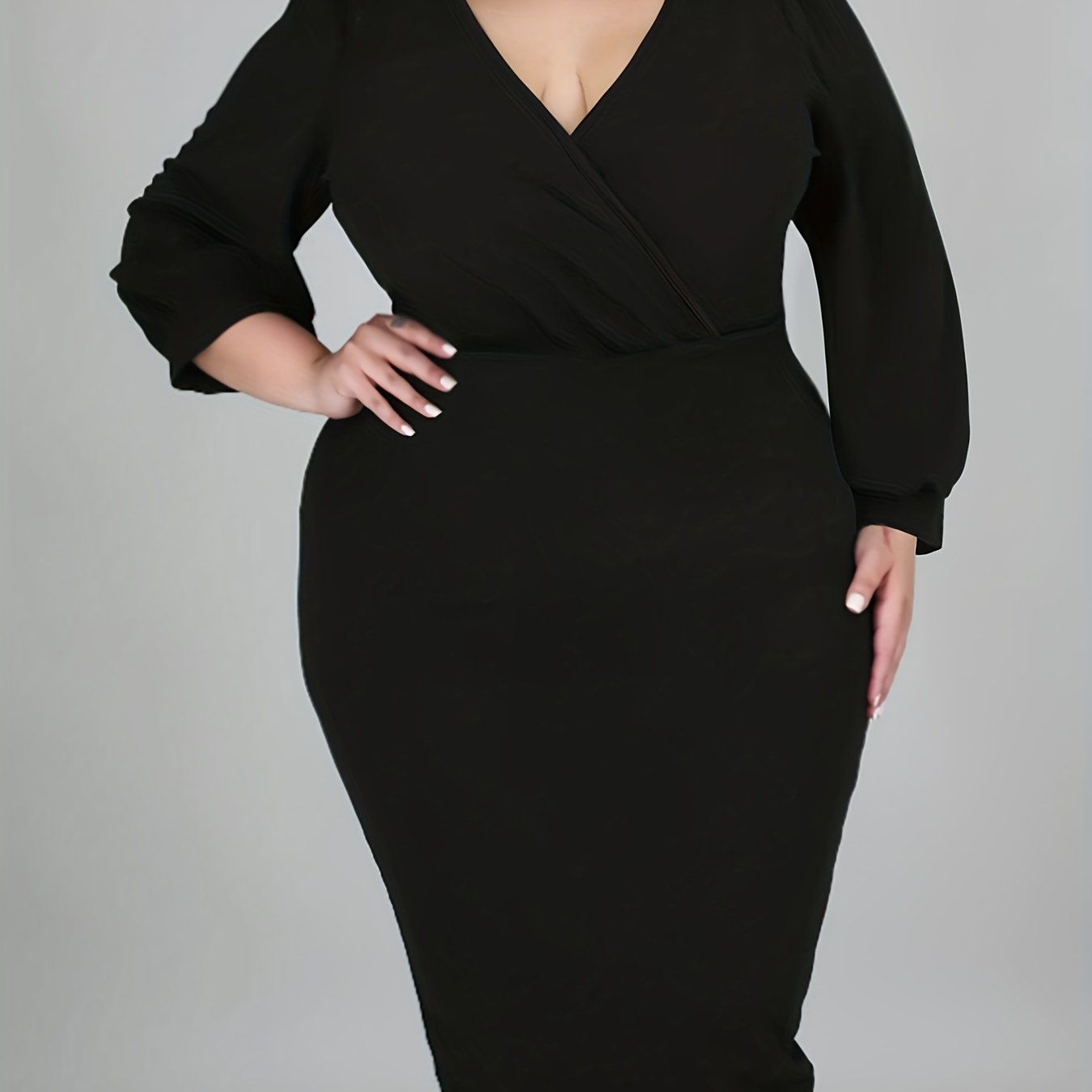 Solid Lantern Sleeve Surplice Neck Slim Fit Dress