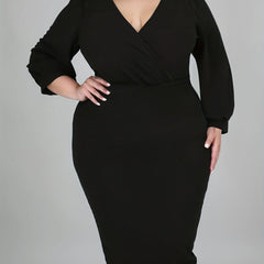 Solid Lantern Sleeve Surplice Neck Slim Fit Dress