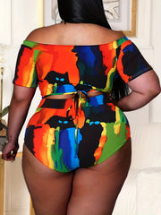 Colorful Painting Print Off Shoulder Swimsuit Set