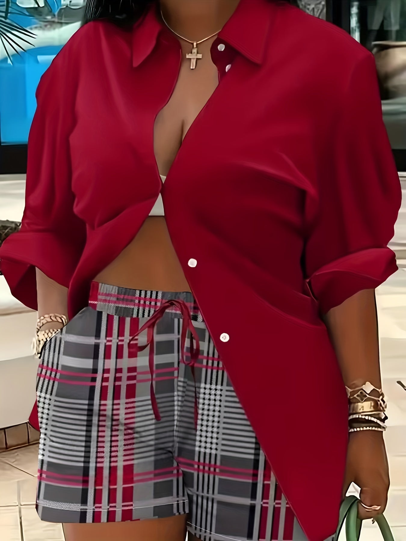 2 Piece Button Up Blouse & Plaid Print Set
