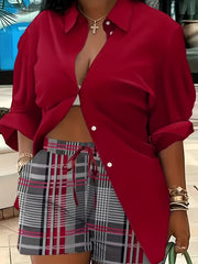 2 Piece Button Up Blouse & Plaid Print Set