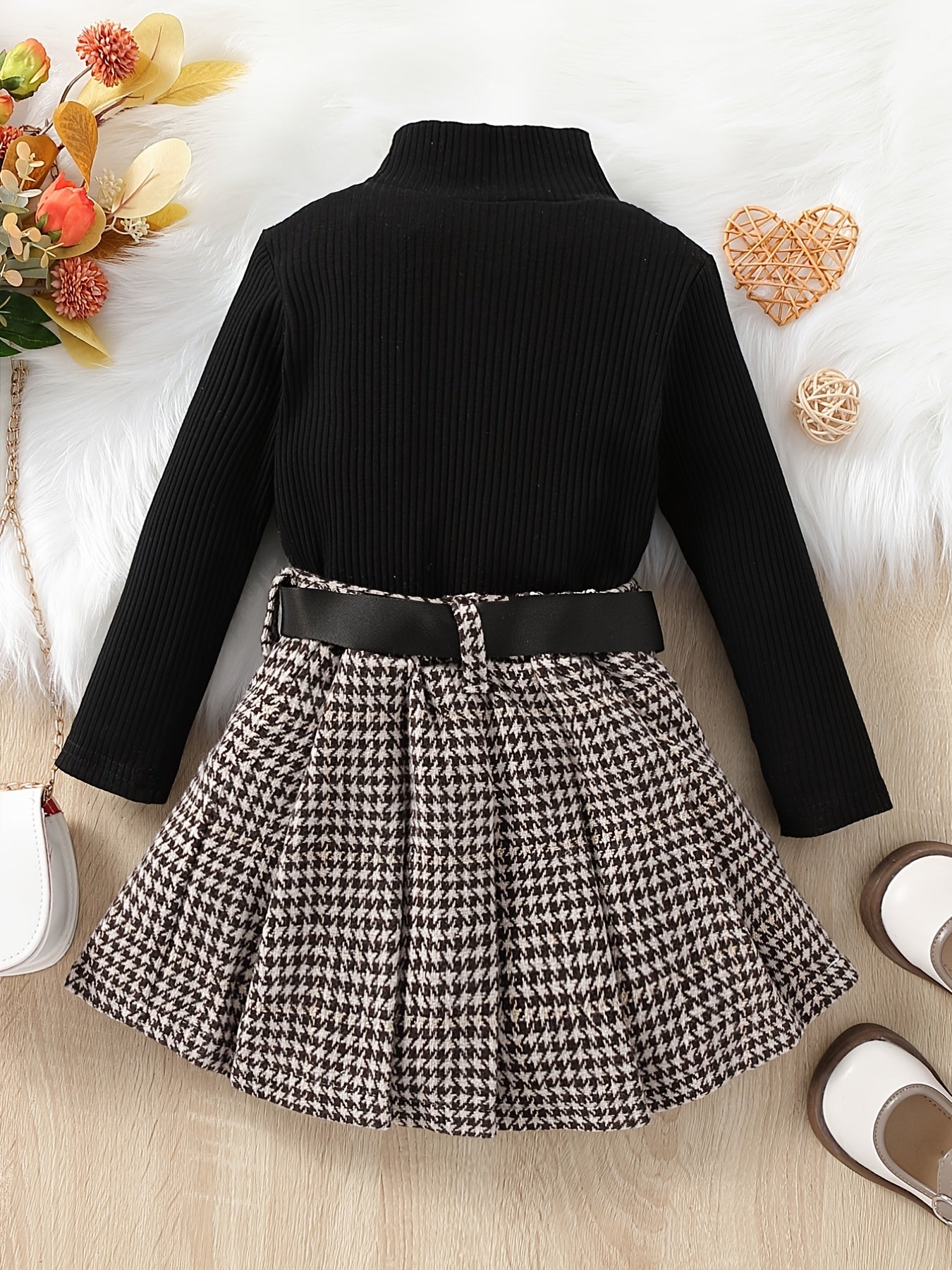 Girl's Ribbed Turtleneck Top & Houndstooth Pleated Skirt Set
