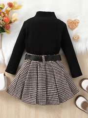 Girl's Ribbed Turtleneck Top & Houndstooth Pleated Skirt Set