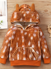 Girls Deer Print Fleece Hoodie Long Sleeve Pullover Top
