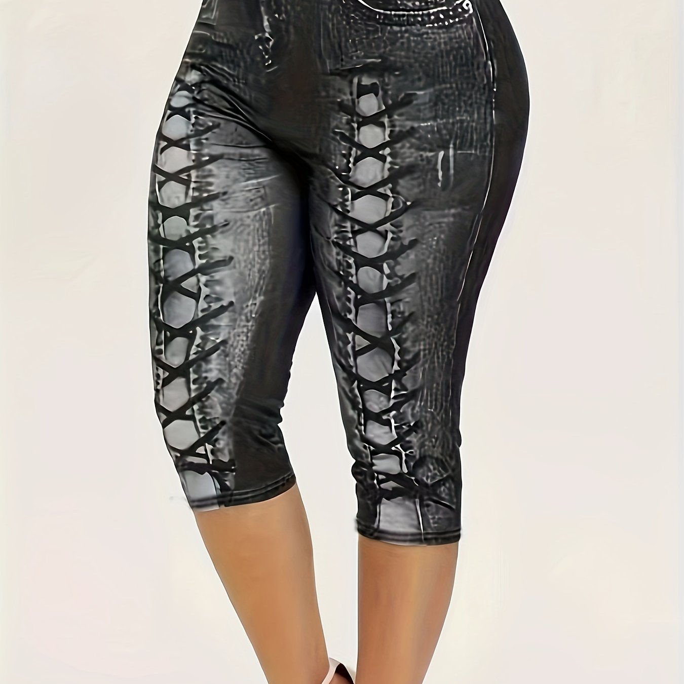 Denim Print Skinny Capris Leggings Casual Crop Leggings
