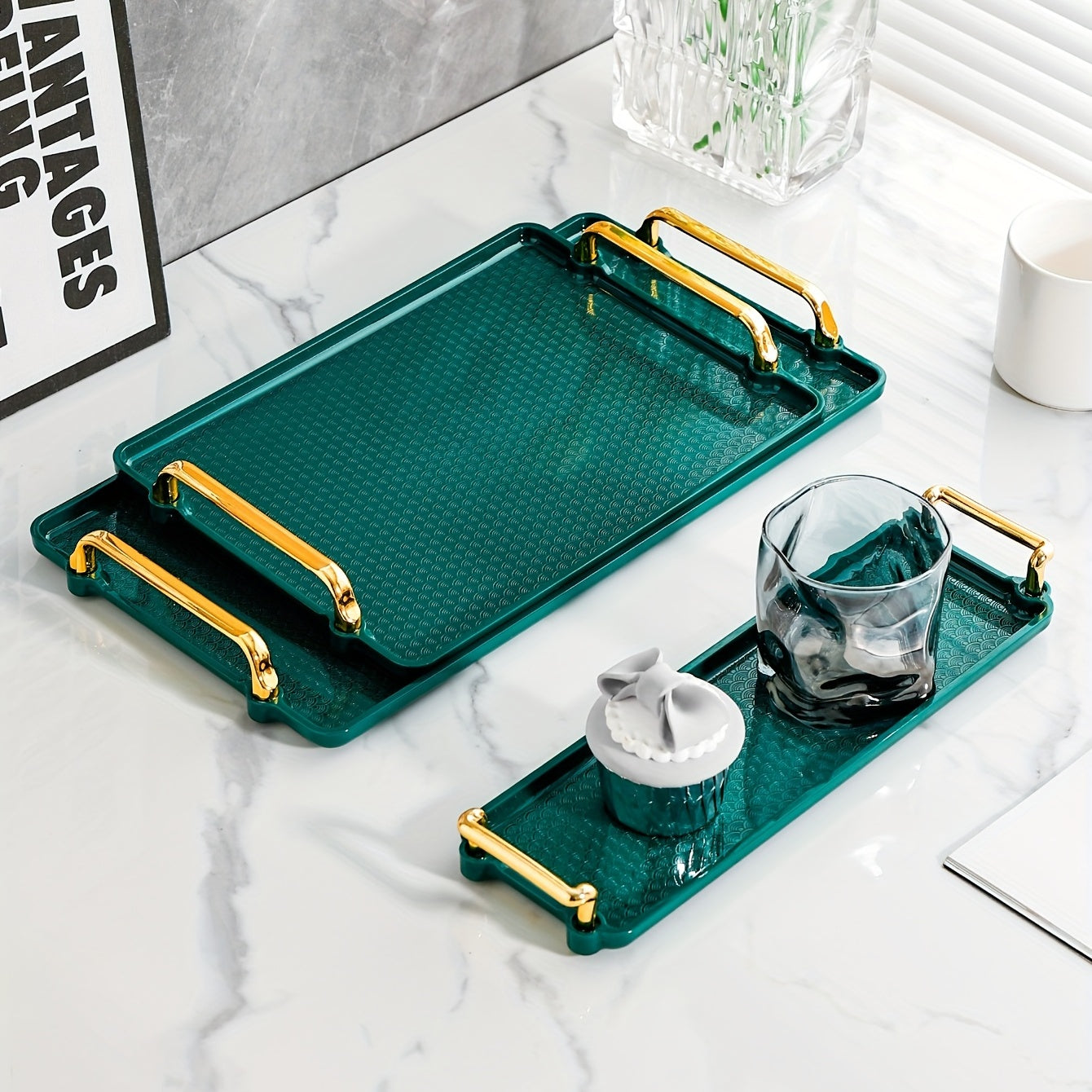 Modern Decorative Tray With Golden Handles Plastic for Home Decor