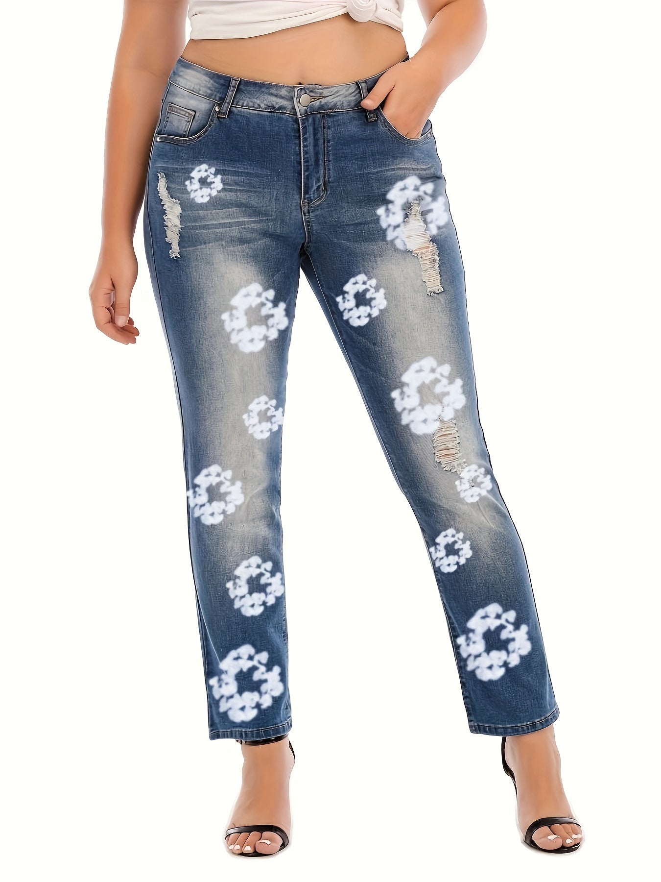 Floral Print Ripped Straight Leg Jeans