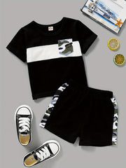 2pcs Baby Boys Block Pocket Patched T shirt & Shorts Set