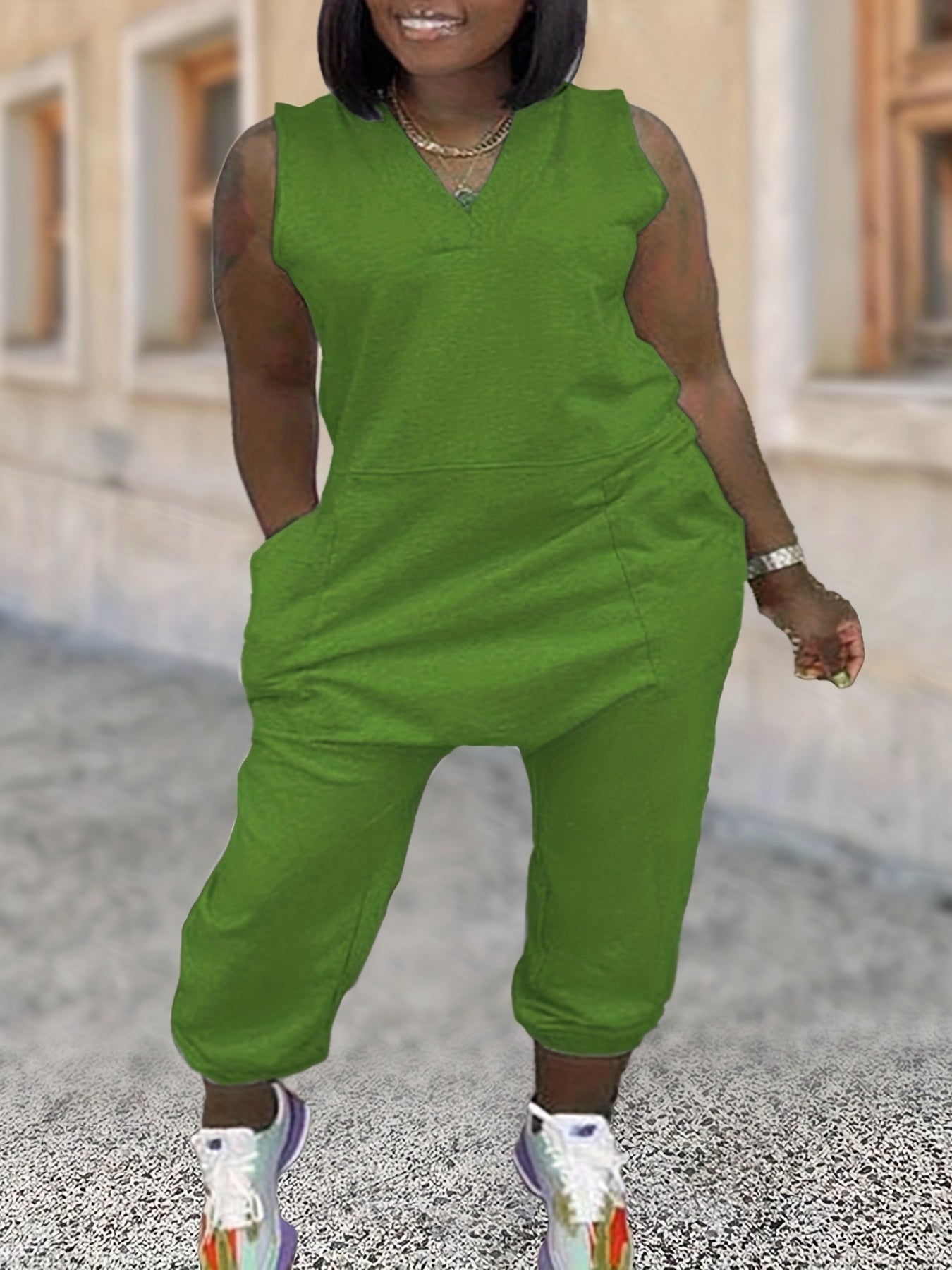 Casual Jumpsuit Women's Solid V Neck Romper With Pockets