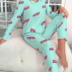 Letter Print Pajama Set Long Sleeve Top & Pants Women's Sleepwear