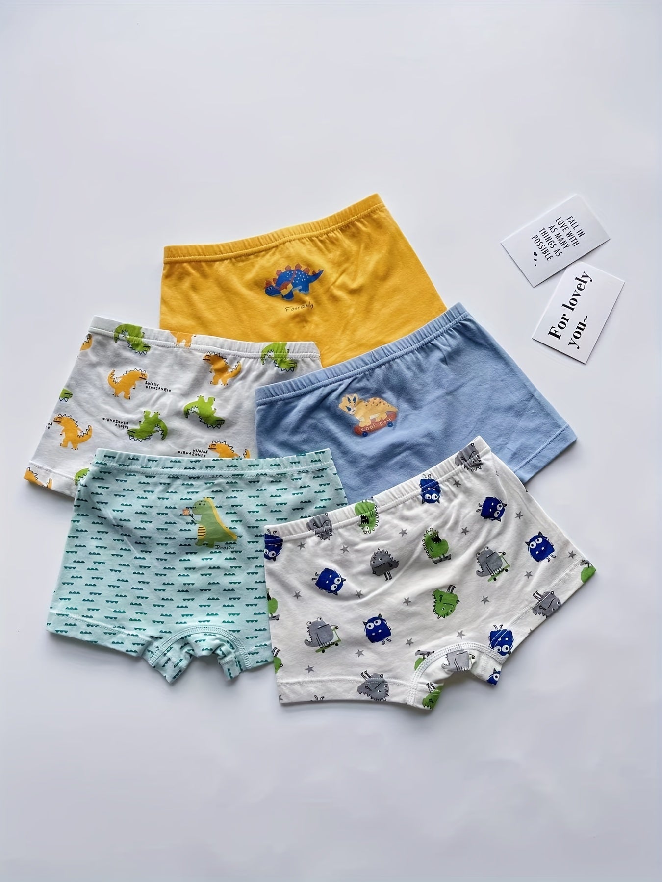 5pcs Cartoon Monster Print Boy's Boxer Briefs Elastic Waist Shorts