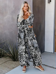 Leopard Print Long Sleeve Wide Leg Jumpsuit With Pockets