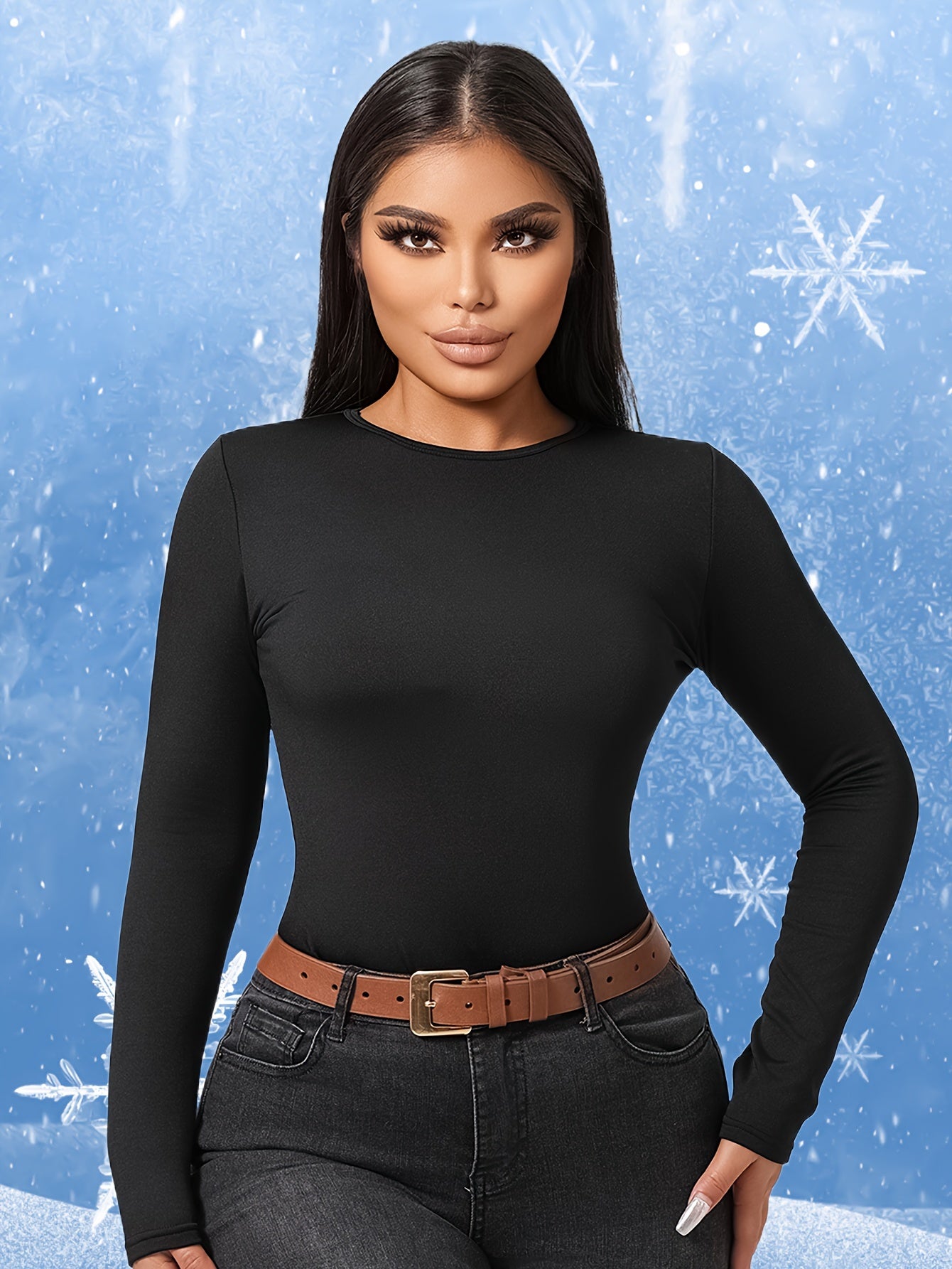 Plush Lined Slimming Yoga Jumpsuit Long Sleeves Round Neck Stretchy Bodysuit