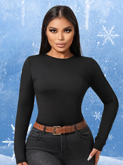 Plush Lined Slimming Yoga Jumpsuit Long Sleeves Round Neck Stretchy Bodysuit