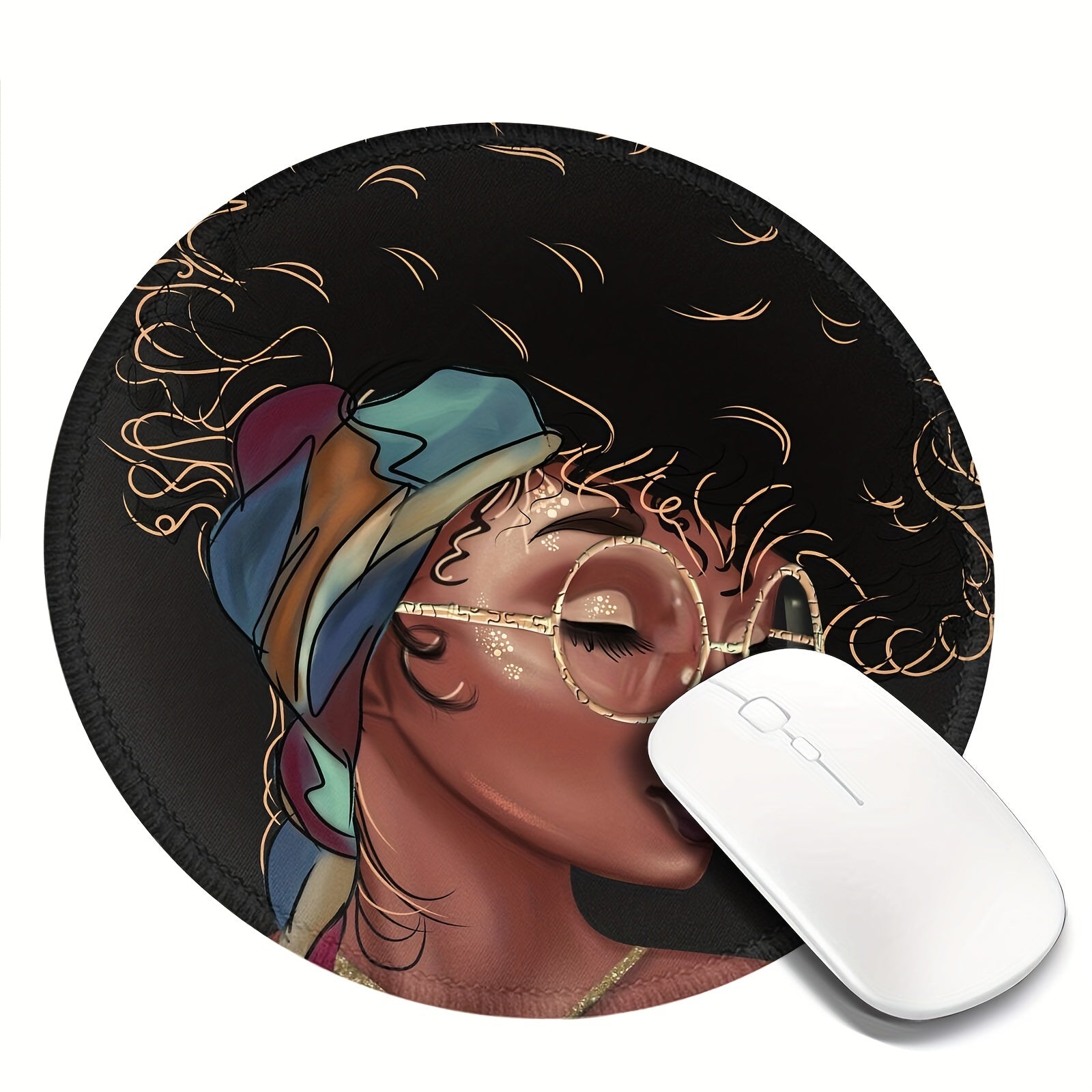 Afro American Girls Round Mouse Pad Non Slip Rubber Base Waterproof