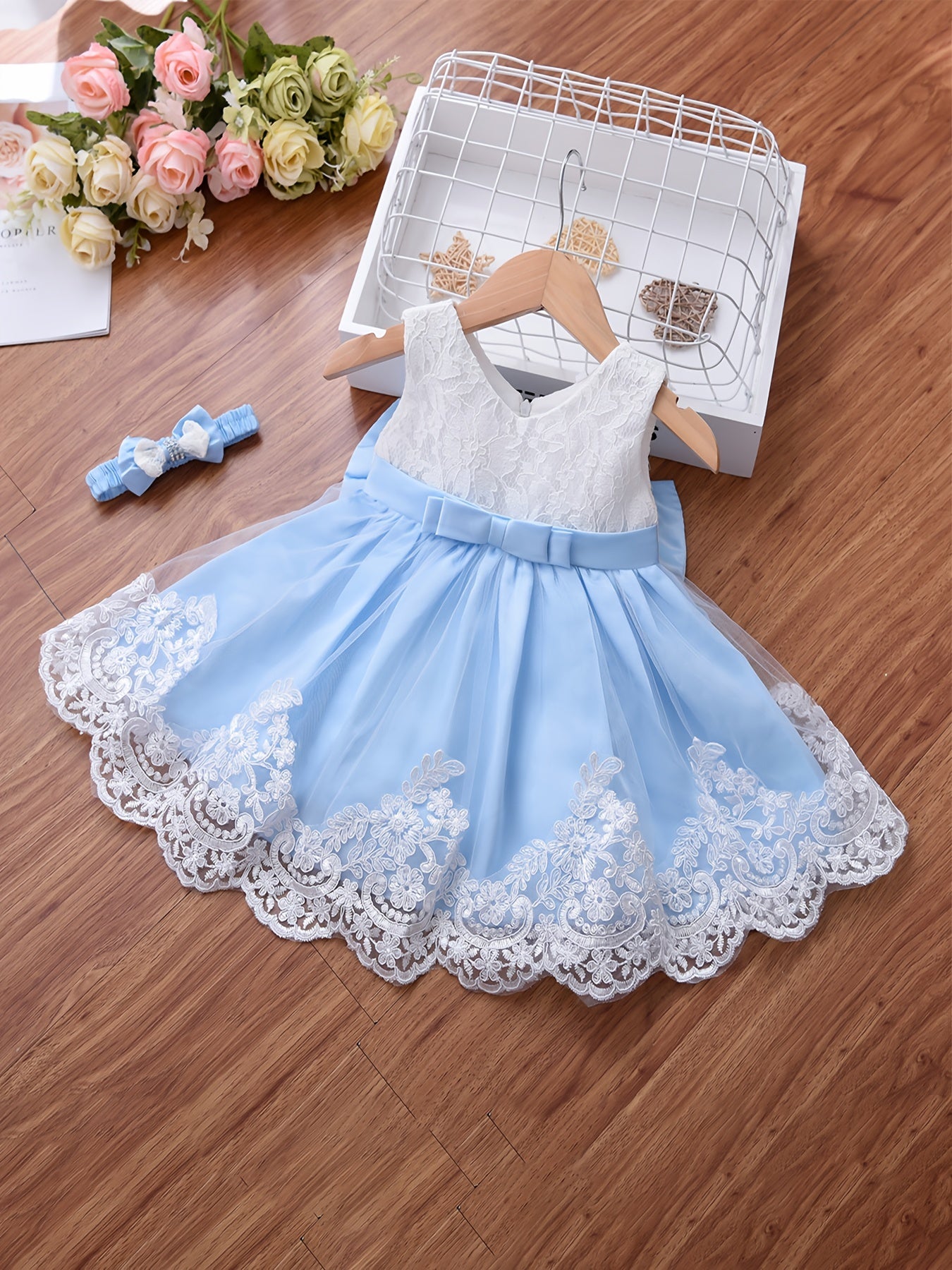 Baby Girls Lace Mesh Bowknot Sleeveless Princess Dress