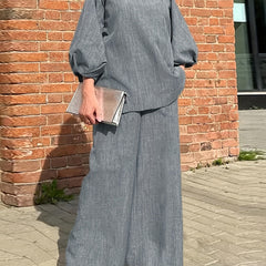 Solid V Neck Sleeve Top & Wide Leg Pants Set Women's Clothing