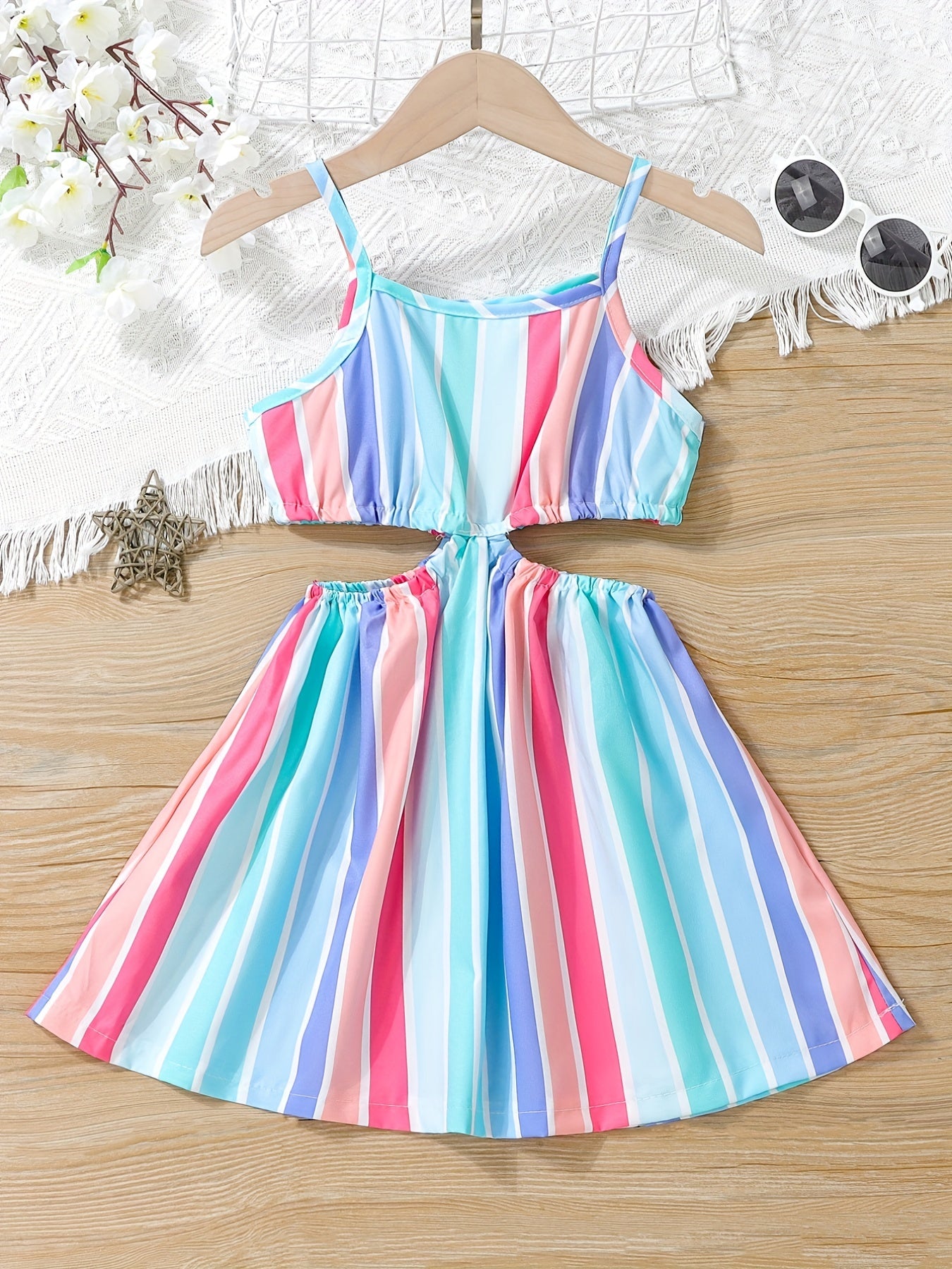 Girls Rainbow Striped Cut out Waist Cami Dress Sleeveless A Line Flared Dresses