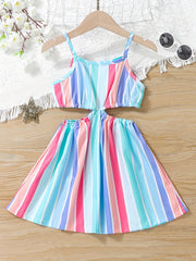 Girls Rainbow Striped Cut out Waist Cami Dress Sleeveless A Line Flared Dresses