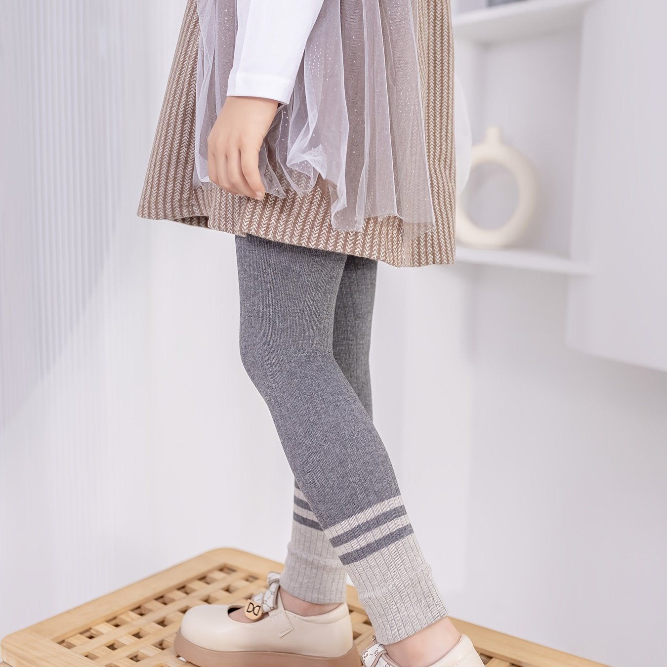 Girls Block Elastic Leggings Soft Comfortable Knit Pants Kids Clothes