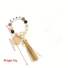 MAMA Silicone Beaded Bracelet Keychain Tassel Key Ring Purse Bag Charm