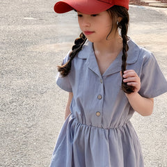 Girls Cotton One Piece Dress Short Sleeve Crew Neck Kids Summer Clothing