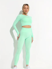 Yoga Sports Set Long Sleeve Tee & High Waist Leggings Women's Activewear