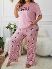 Heart Letter Graphic Pajama Set Round Neck Tee & Loose Pants 2 Piece