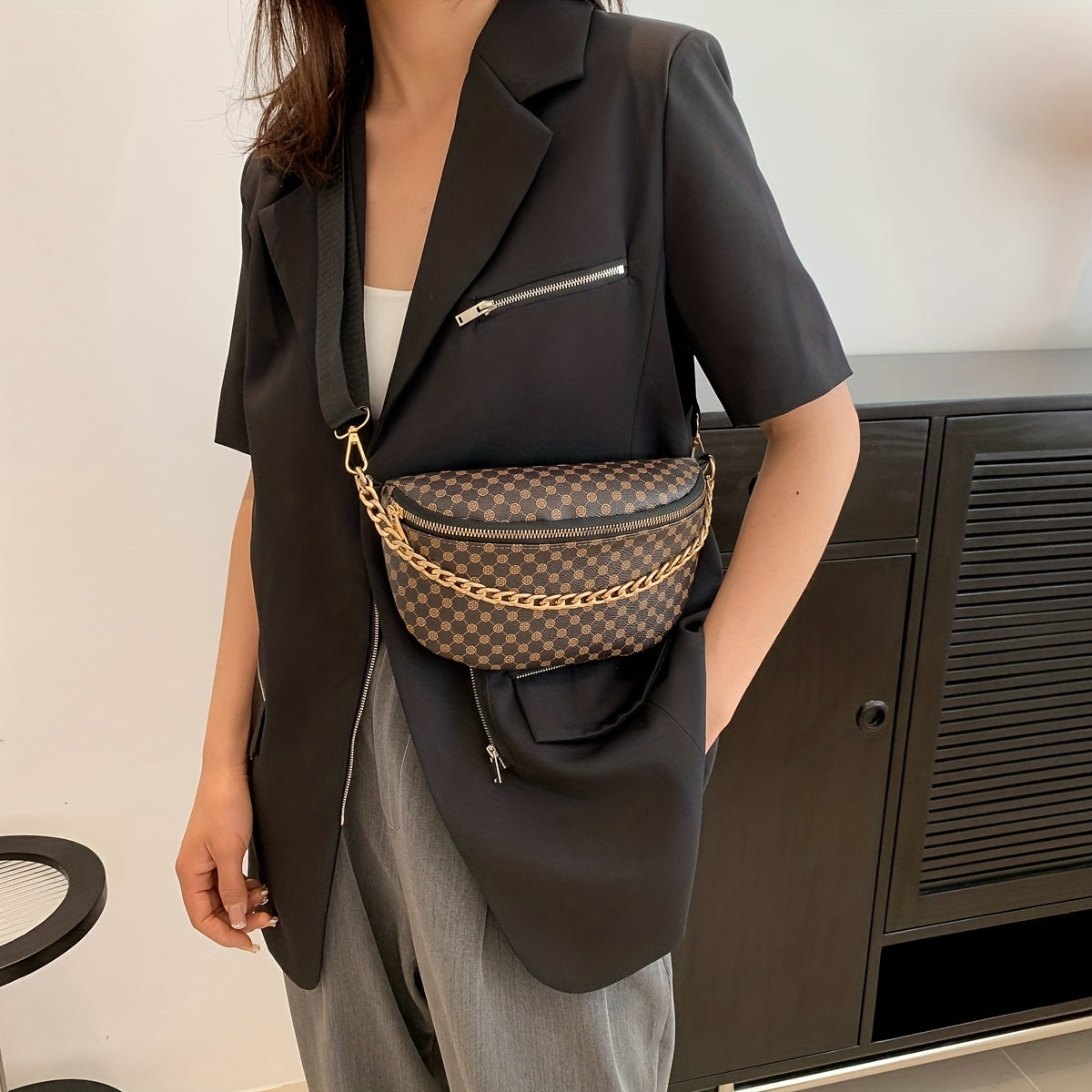 Geometric Print Crossbody Waist Bag Waterproof Synthetic Leather Handbag