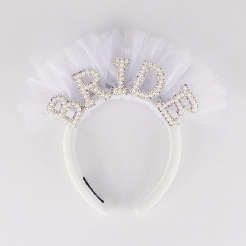Bride Pearl Headband Tulle Bridal Hair Accessory with BRIDE Embellishment