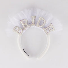 Bride Pearl Headband Tulle Bridal Hair Accessory with BRIDE Embellishment