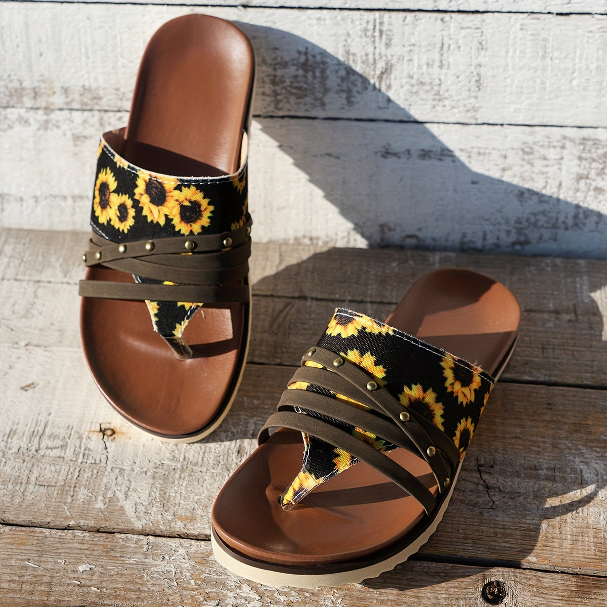 Sunflower Pattern Clip Toe Thin Strap Women's Sandals Hollow Out Flat Sandals