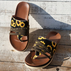 Sunflower Pattern Clip Toe Thin Strap Women's Sandals Hollow Out Flat Sandals