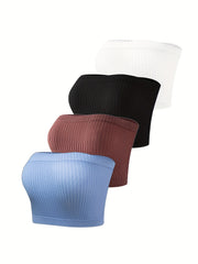 4pcs Ribbed Strapless Bandeau Bras No Padding Everyday Bra Women's Lingerie
