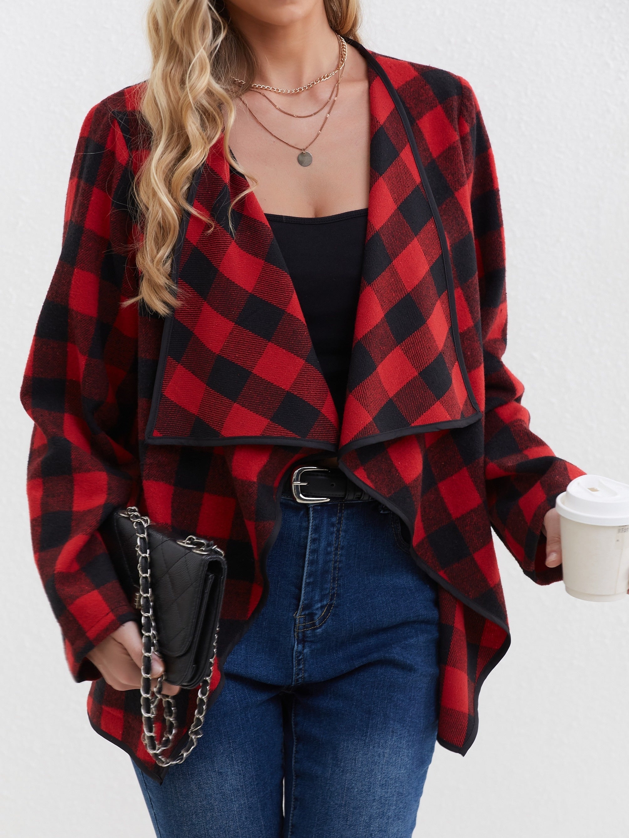 Plaid Print Open Front Jacket Long Sleeve Lapel Jacket