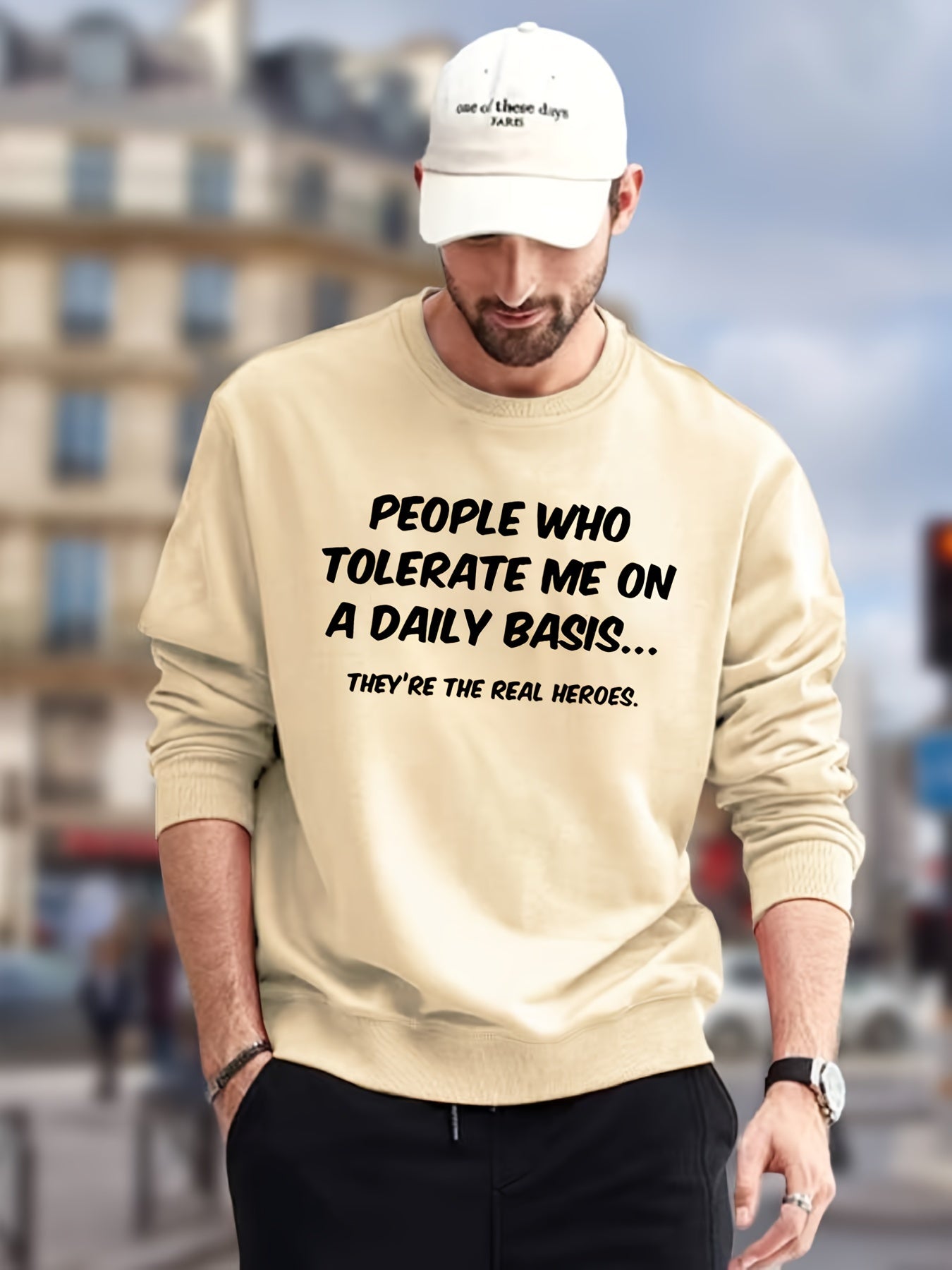 Funny Slogan Print Sweatshirt Men's Casual Graphic Crew Neck Pullover Sweatshirt
