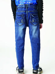 Boys Casual Vintage Denim Jeans Ripped Patch Straight Leg Pants