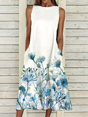 Floral Print Sleeveless Dress Casual Summer Midi Dress With Pockets