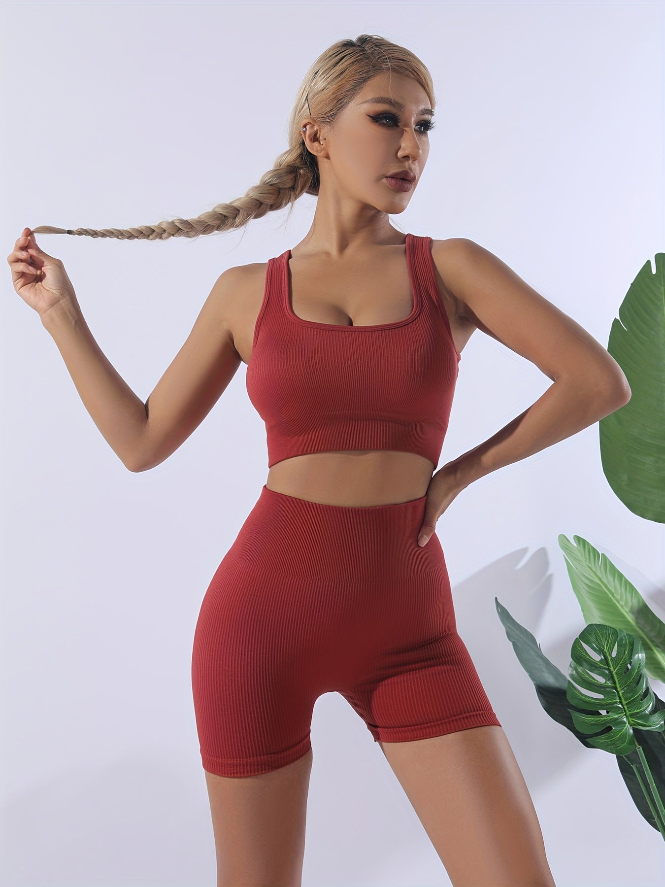 Ribbed Workout Set Beauty Back Sports Bra & High Waist Gym Shorts