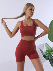 Ribbed Workout Set Beauty Back Sports Bra & High Waist Gym Shorts