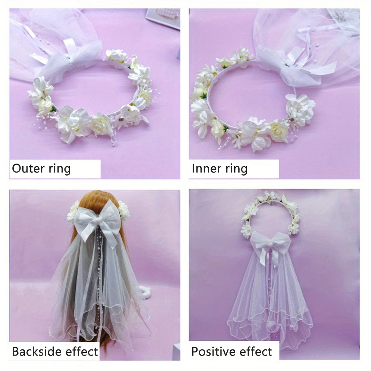 Bridal Veil with Floral Headband Sheer Lace Layer Flowers Bow Accent