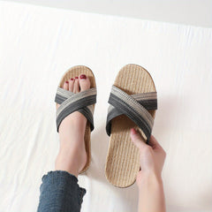 Striped Linen Slippers Open Toe Slip On Shoes for Indoor Home