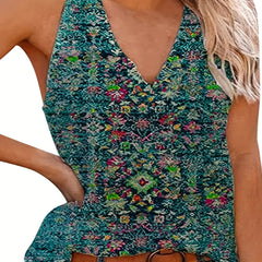 Casual Tank Top Women's Plus Random Print V Neck Slight Stretch