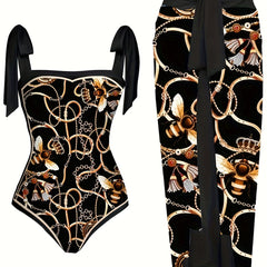 Chain & Bee Print Swimsuit Set with Cover Up Skirt