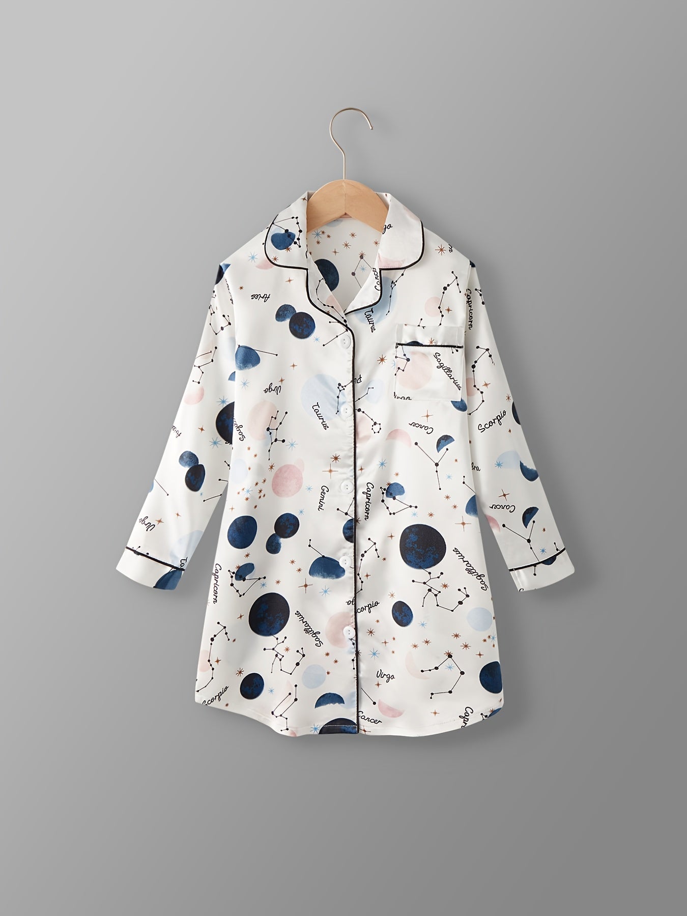 Girls Starry Sky Nightdress Long Sleeve Button Pocket Nightgown