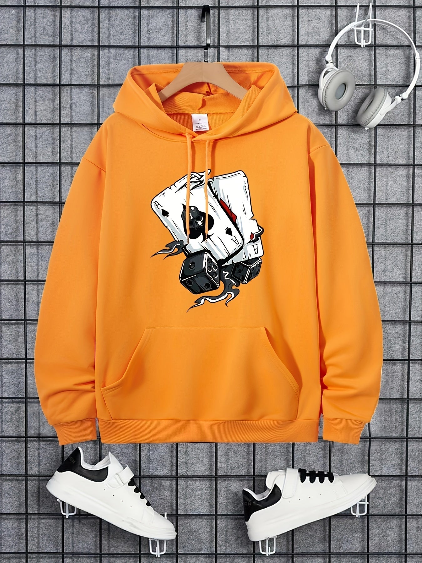 Poker Print Hoodie Men Kangaroo Pocket Loose Pullover Mens Clothing