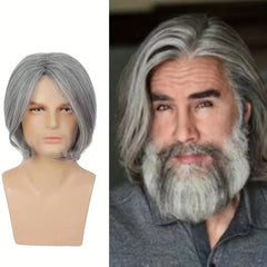 Men's Grey Hair Wig Long Straight Synthetic Fiber for Halloween Cosplay Party