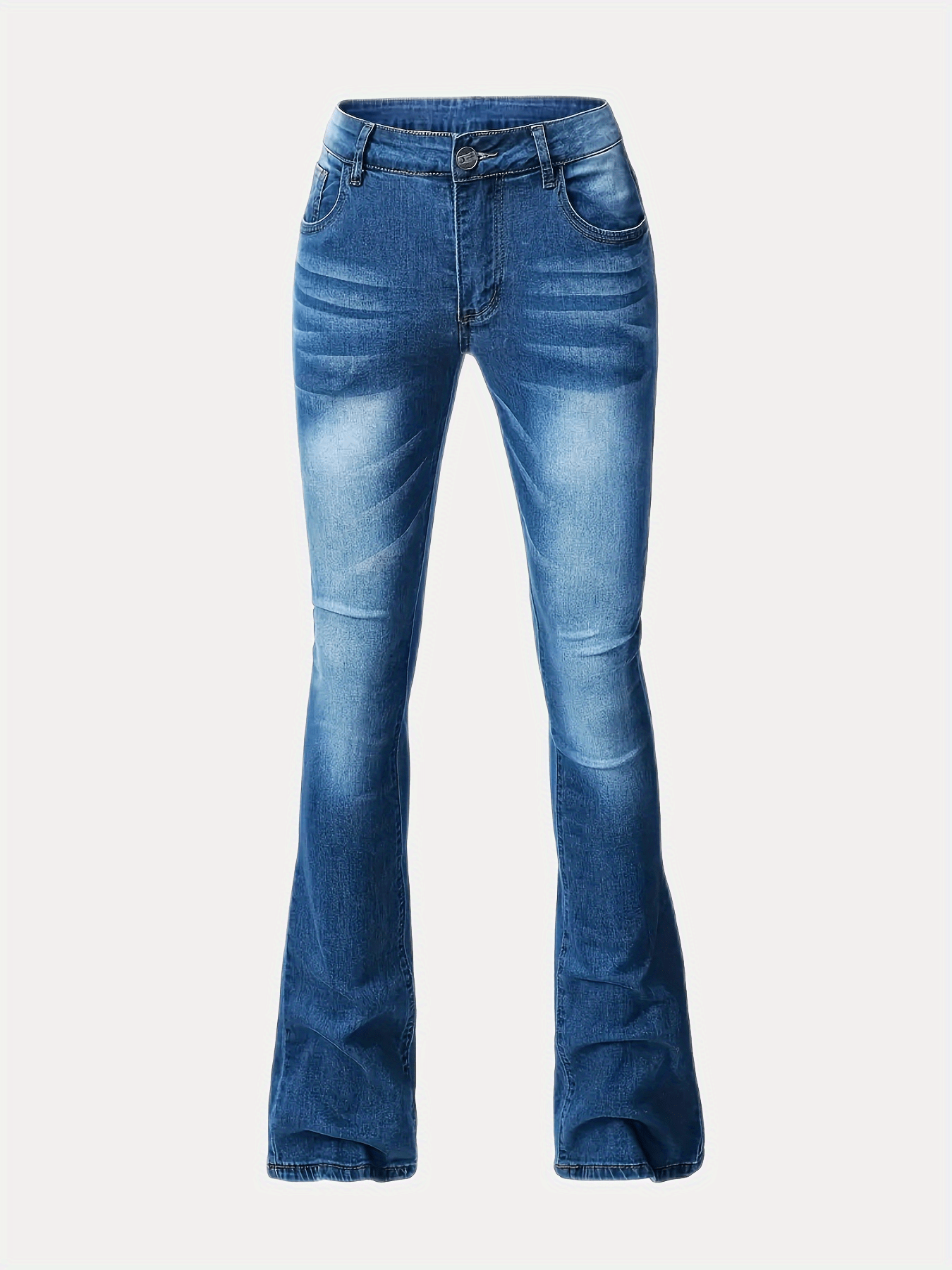 Water Ripple Embossed Flare Leg Denim Pants Whiskering High Stretch