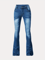 Water Ripple Embossed Flare Leg Denim Pants Whiskering High Stretch